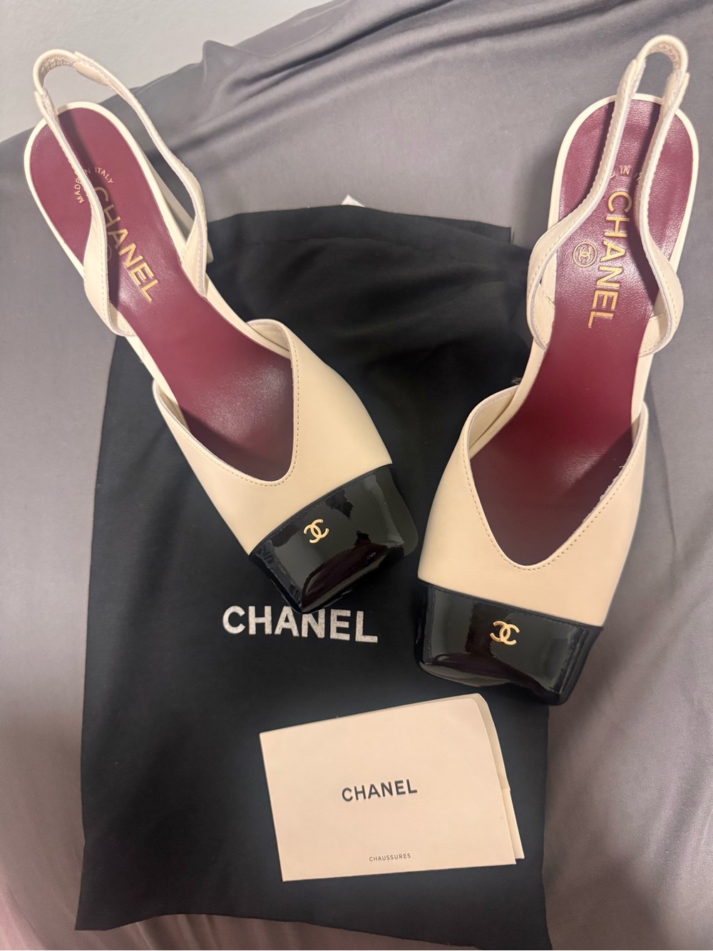 CHANEL Lux Copy Beige and Black Cap-Toe Slingback Pumps with Gold CC